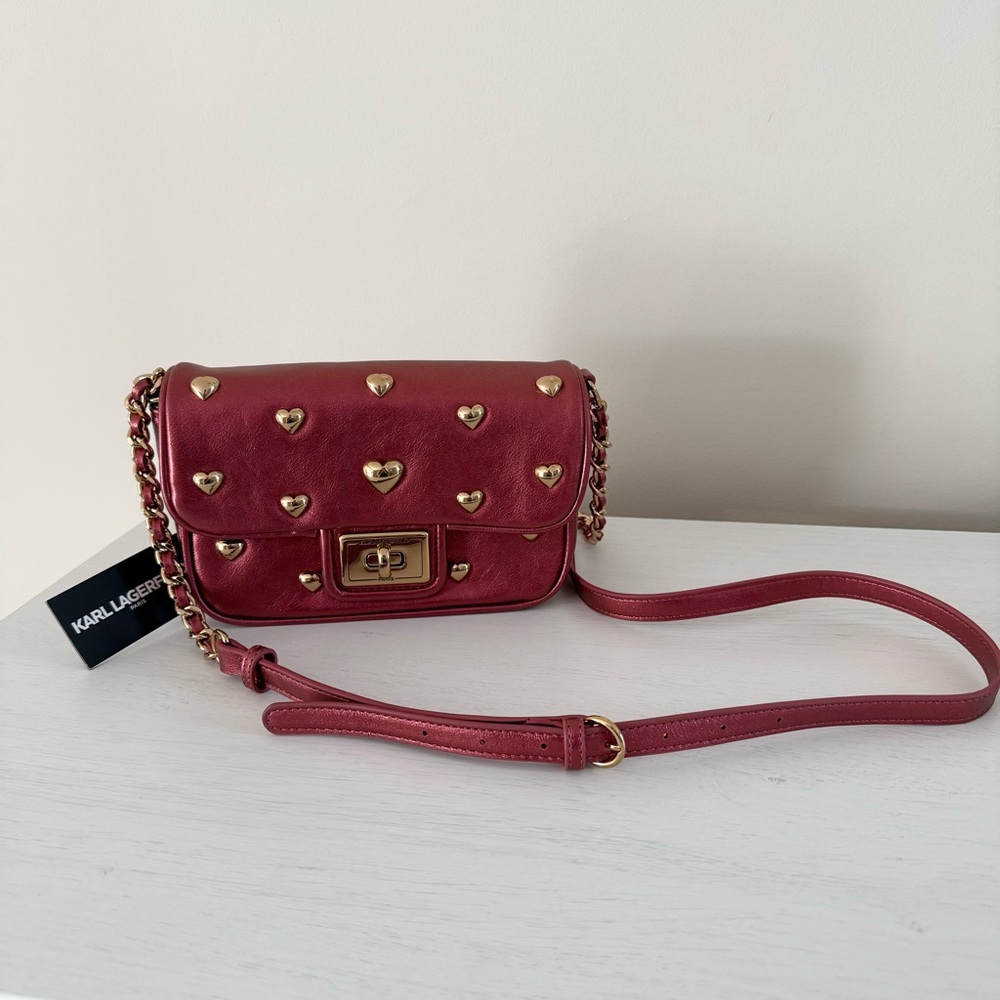 Karl Lagerfeld Metallic Burgundy Heart Flap Bag - Picture 2 of 10